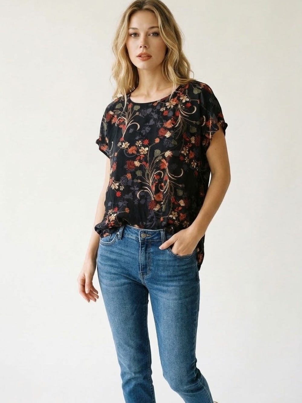 Only Black Floral Short Sleeve Blouse with Red & Tan Accents